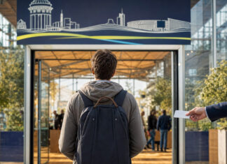 Gründer von hinten vor Startup-Pavillon mit Bewerbungskarte in heller Glasarchitektur