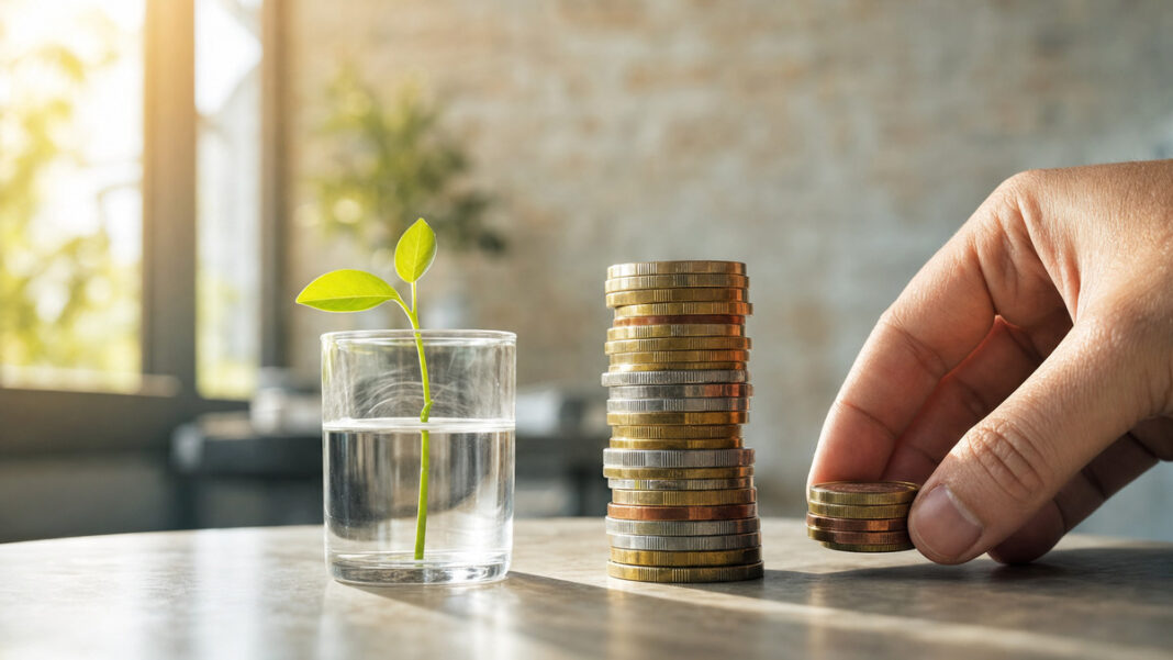 Finanzplanung fürs Startup Münzstapel und ein kleines Glas mit Pflanzentrieb auf einem Tisch, eine Hand legt Münzen dazu