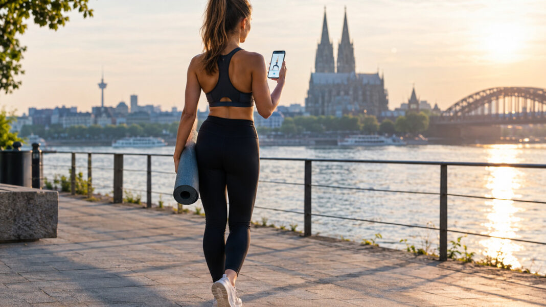 Yoga unterwegs per Smartphone Frau breitet auf der Uferpromenade eine Yogamatte aus und startet am Smartphone eine Yoga-Übung.