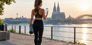 Frau breitet auf der Uferpromenade eine Yogamatte aus und startet am Smartphone eine Yoga-Übung.