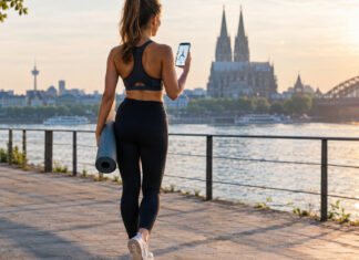 Frau breitet auf der Uferpromenade eine Yogamatte aus und startet am Smartphone eine Yoga-Übung.