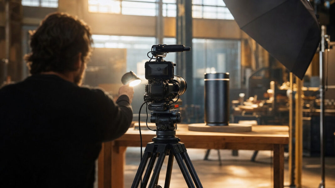 Filmkamera vor einer Testszene in einer Werkhalle, eine Person hält Licht auf ein Produktmodell.