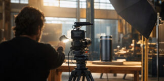 Filmkamera vor einer Testszene in einer Werkhalle, eine Person hält Licht auf ein Produktmodell.