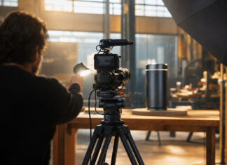 Filmkamera vor einer Testszene in einer Werkhalle, eine Person hält Licht auf ein Produktmodell.