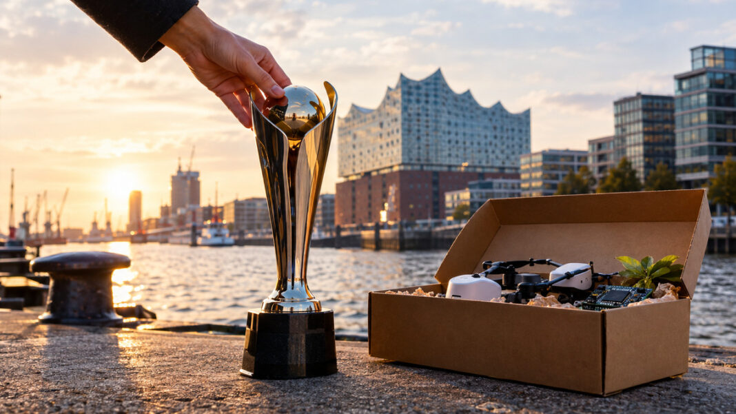 Hamburger Startups und Webfuture Award Start-up-Pokal neben Prototypen-Karton in der Hamburger HafenCity