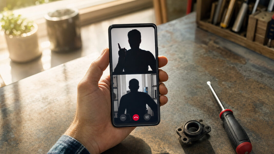 Hand hält Smartphone mit Videochat, daneben Schraubendreher und kleines Reparaturteil in einer Werkstatt.