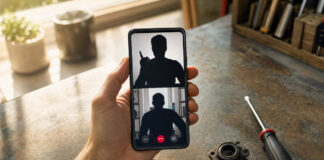 Hand hält Smartphone mit Videochat, daneben Schraubendreher und kleines Reparaturteil in einer Werkstatt.