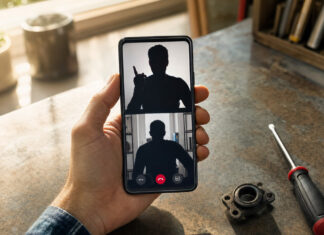 Hand hält Smartphone mit Videochat, daneben Schraubendreher und kleines Reparaturteil in einer Werkstatt.