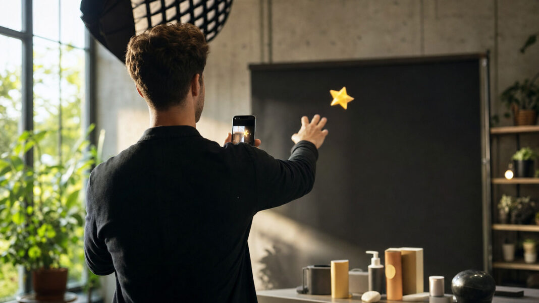 Person von hinten wirft im Studio einen Papierstern zu Produktsamples, Smartphone in der Hand