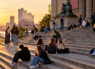 Junge Menschen auf einer Freitreppe schauen am Abend auf ihre Smartphones