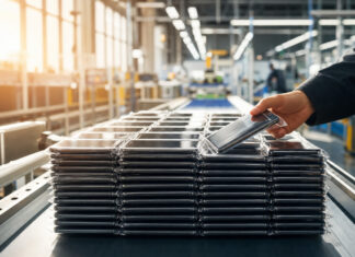 Stapel neuer Smartphones auf einem Förderband in einer Montagehalle, eine Hand greift ein Gerät heraus