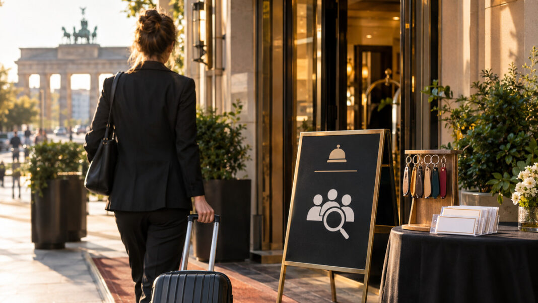 Hoteleingang mit Such-Schild, Schlüsselanhängern und einer Person mit Rollkoffer von hinten