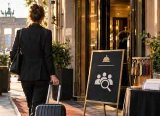 Hoteleingang mit Such-Schild, Schlüsselanhängern und einer Person mit Rollkoffer von hinten