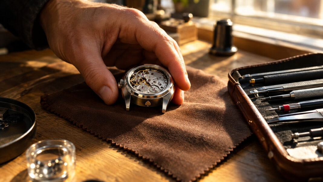 Uhrmacherhand legt ein neues mechanisches Uhrengehäuse auf ein Ledertuch in der Werkstatt.
