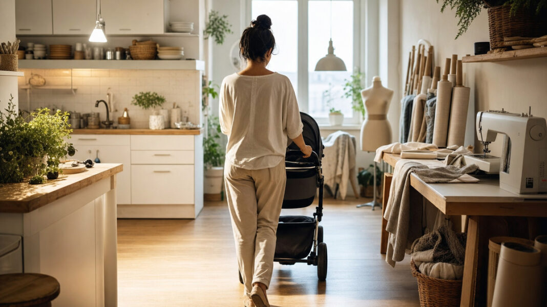 Frau von hinten neben Kinderwagen und Nähmaschine in hellem Atelier