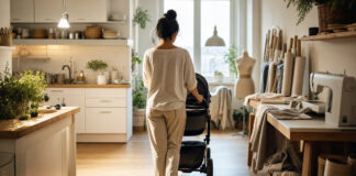 Frau von hinten neben Kinderwagen und Nähmaschine in hellem Atelier