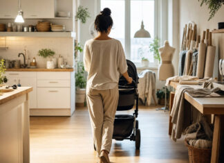Frau von hinten neben Kinderwagen und Nähmaschine in hellem Atelier