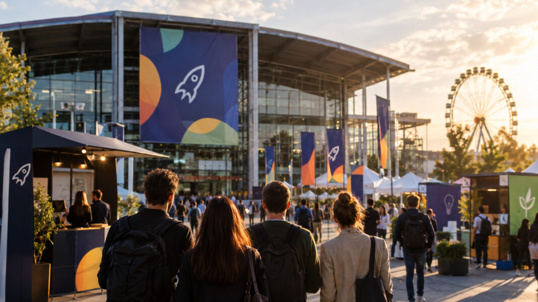 Startup-Festival in München Gründergruppe vor dem Messeeingang in München, im Hintergrund Festivalstände und warmes Licht