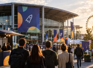 Gründergruppe vor dem Messeeingang in München, im Hintergrund Festivalstände und warmes Licht