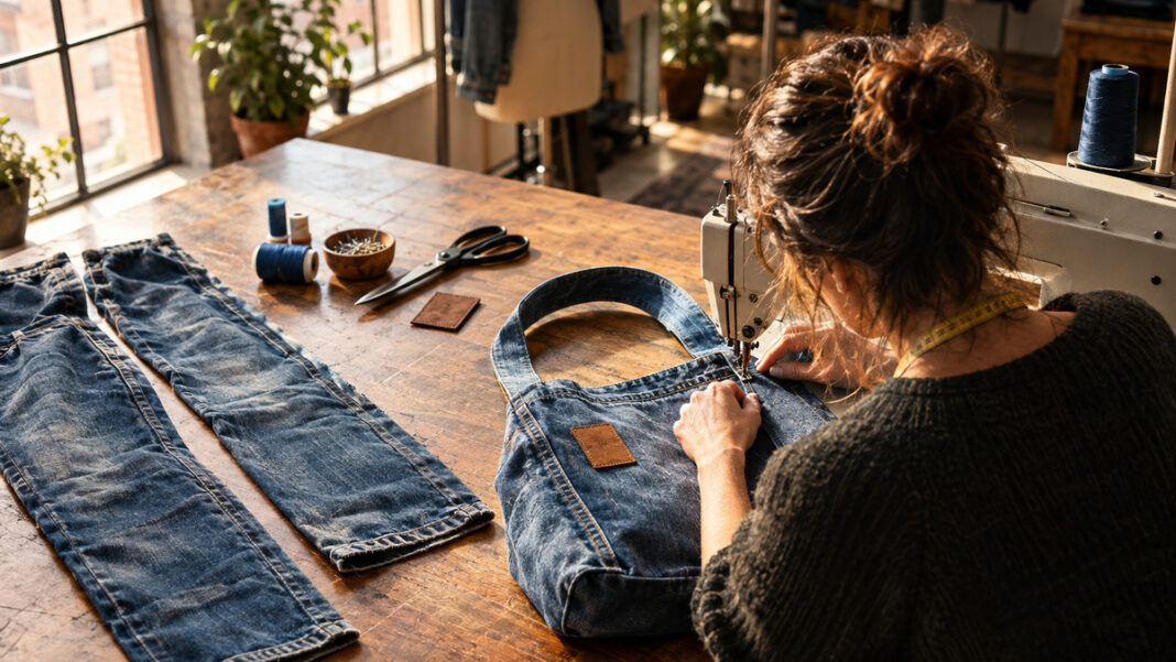 Jeans werden zur Tasche Schneiderin näht aus alter Jeans eine Tasche in heller Werkstatt