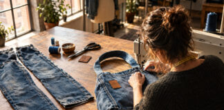 Schneiderin näht aus alter Jeans eine Tasche in heller Werkstatt