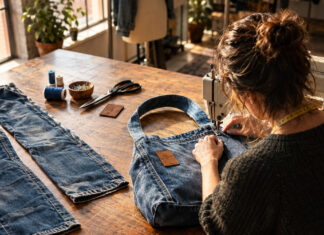 Bridge&Tunnel: Design mit sozialem Bewusstsein Schneiderin näht aus alter Jeans eine Tasche in heller Werkstatt
