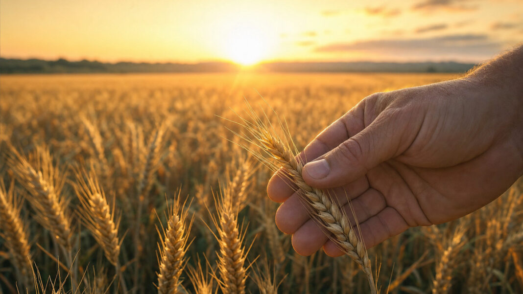 Goldenes Getreidefeld im Morgenlicht, eine Hand prüft die Halme am Rand