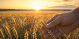 Goldenes Getreidefeld im Morgenlicht, eine Hand prüft die Halme am Rand