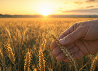 Goldenes Getreidefeld im Morgenlicht, eine Hand prüft die Halme am Rand