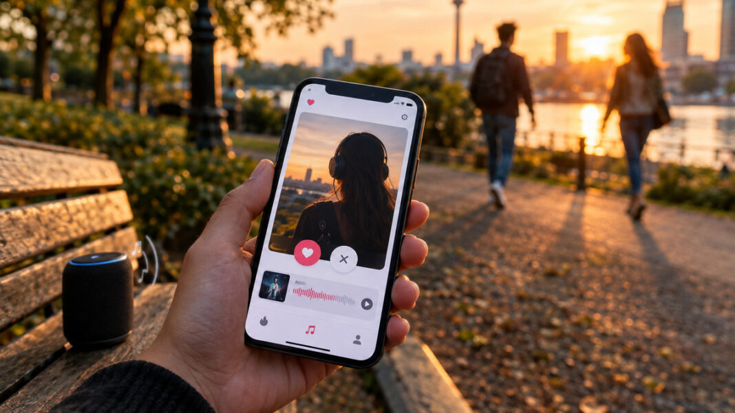 Hand mit Smartphone vor Parkbank und Bluetooth-Lautsprecher; zwei Personen im Hintergrund im Abendlicht