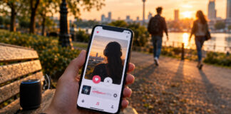Hand mit Smartphone vor Parkbank und Bluetooth-Lautsprecher; zwei Personen im Hintergrund im Abendlicht