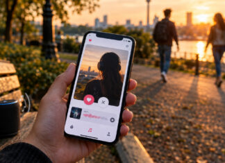 Hand mit Smartphone vor Parkbank und Bluetooth-Lautsprecher; zwei Personen im Hintergrund im Abendlicht