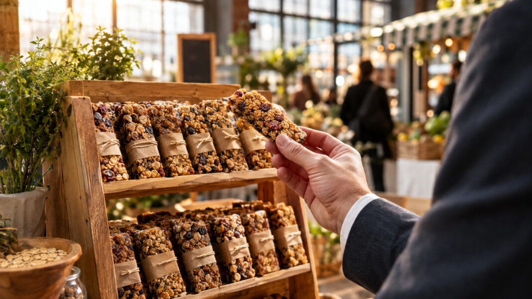Startup wird kopiert Start-up-Müsliriegel auf einem Marktstand, daneben die Hand eines Anzugträgers beim genauen Betrachten.