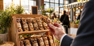 Start-up-Müsliriegel auf einem Marktstand, daneben die Hand eines Anzugträgers beim genauen Betrachten.