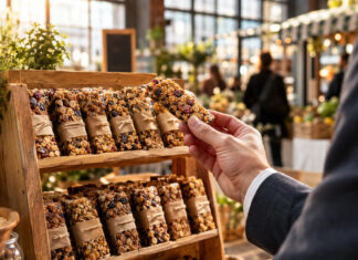Start-up-Müsliriegel auf einem Marktstand, daneben die Hand eines Anzugträgers beim genauen Betrachten.