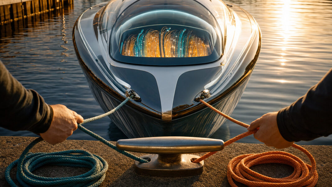 Gemeinsames Boot für Startup und Konzern Zwei Hände befestigen gemeinsam ein kleines Boot am Hafenbecken, warmes Licht auf dem Wasser.