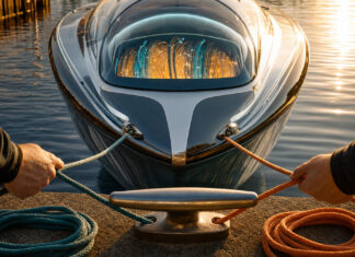 CUBE – ein gemeinsames Boot für Startups und Konzerne Zwei Hände befestigen gemeinsam ein kleines Boot am Hafenbecken, warmes Licht auf dem Wasser.