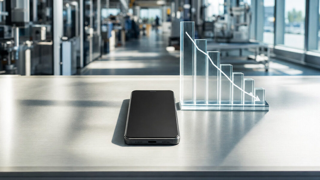 Smartphone-Modell neben einem fallenden Glas-Balkendiagramm in hellem Tageslicht