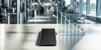 Smartphone-Modell neben einem fallenden Glas-Balkendiagramm in hellem Tageslicht