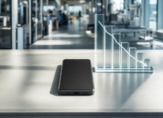 Smartphone-Modell neben einem fallenden Glas-Balkendiagramm in hellem Tageslicht