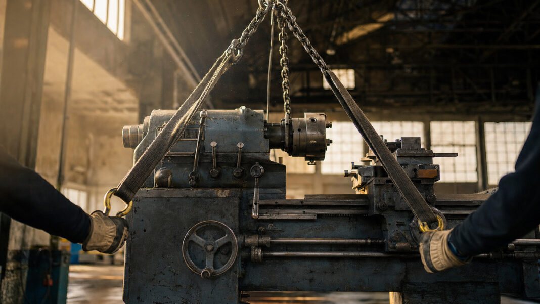 Maschinensucher Hidden Champion Essen Gebrauchte Werkzeugmaschine in einer Industriehalle, von zwei Händen mit einem Hebezeug für den Transport vorbereitet