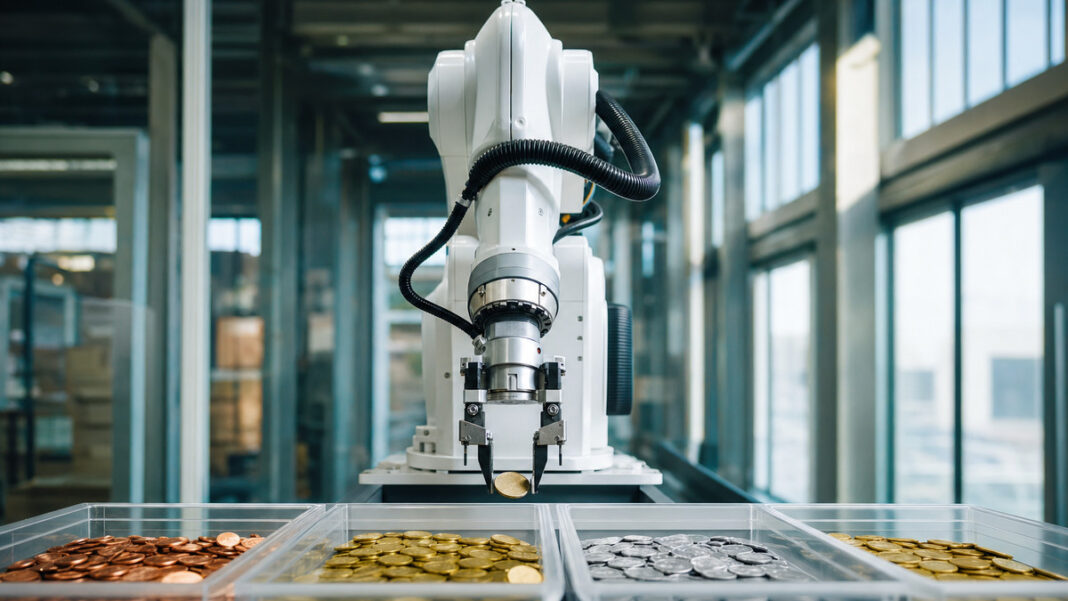 Automatisierter Finanzassistent Automatischer Sortierarm ordnet Münzen in einer hellen Industriehalle.