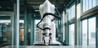 Automatischer Sortierarm ordnet Münzen in einer hellen Industriehalle.