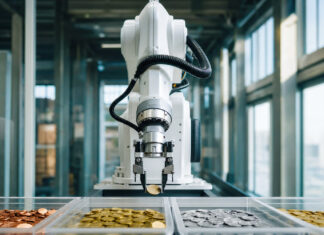 Automatischer Sortierarm ordnet Münzen in einer hellen Industriehalle.