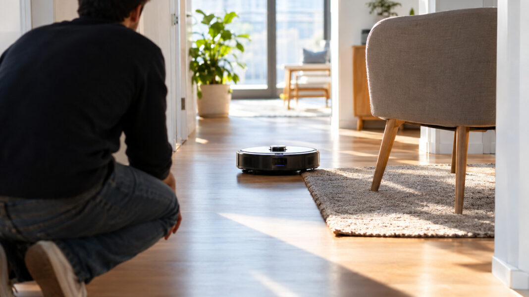 Schlauer Roboter-Staubsauger im Wohnungsflur Roboter-Staubsauger fährt in einem hellen Wohnungsflur um Möbel herum
