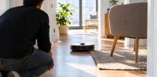 Roboter-Staubsauger fährt in einem hellen Wohnungsflur um Möbel herum