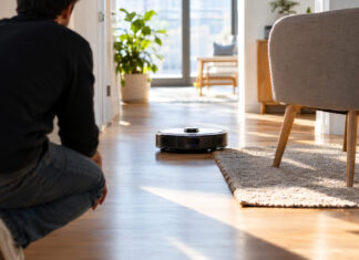 Roboter-Staubsauger fährt in einem hellen Wohnungsflur um Möbel herum