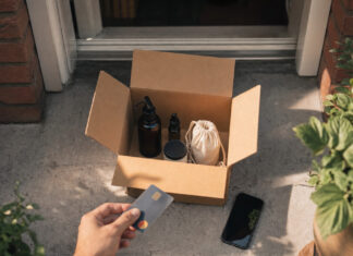 Offener Paketkarton mit wenigen Einkäufen an einer Haustür, daneben Hand mit Karte im warmen Licht