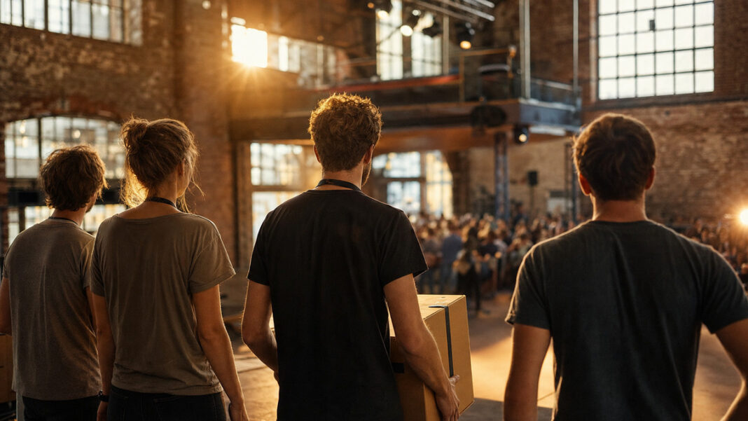 Open Pitch Call Berlin Startup-Team von hinten in einer Backstein-Halle vor einer Bühne, warmes Licht durch hohe Fenster