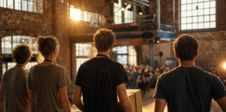 Startup-Team von hinten in einer Backstein-Halle vor einer Bühne, warmes Licht durch hohe Fenster